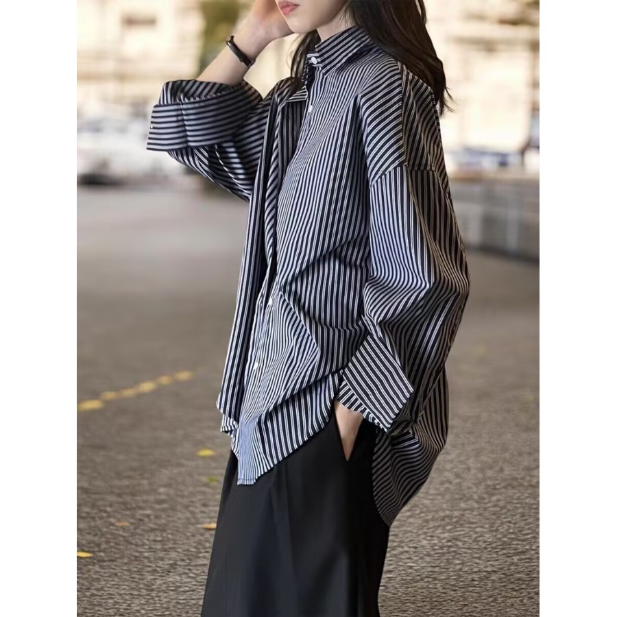 Vintage Fashion Hong Kong - Blue Striped Loose Long Sleeve Women's