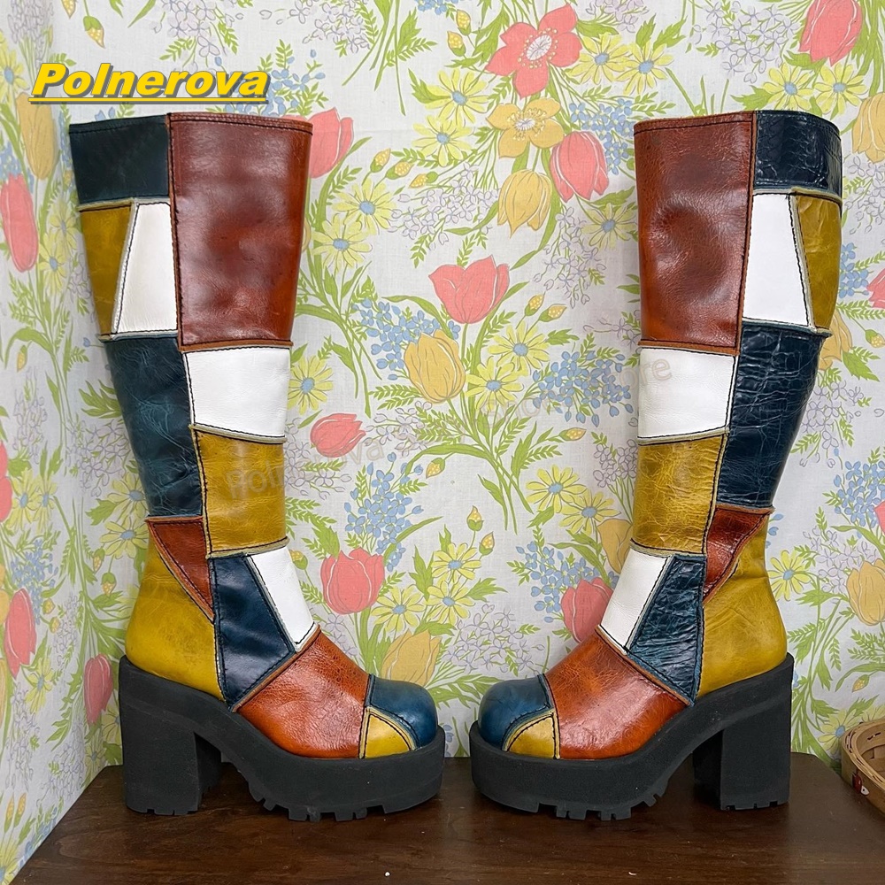 Vintage Fashion Style - Women Retro Patchwork Leather Knee High