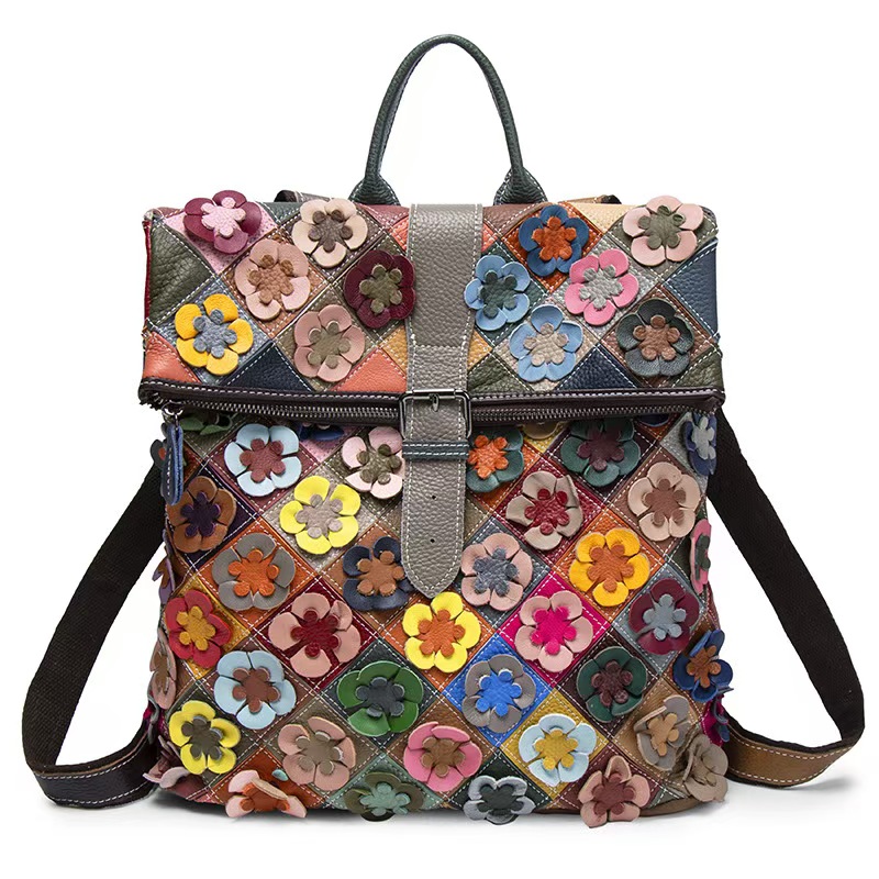 Vintage Fashion For Women - Vintage Women Genuine Leather Backpack Flower