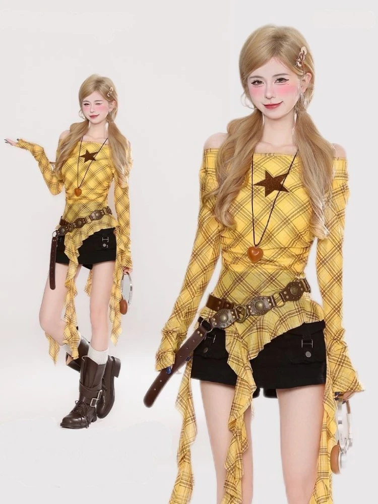 Y2K Plaid Slash Neck Vintage T - огляд і ціна Vintage Fashion For Women