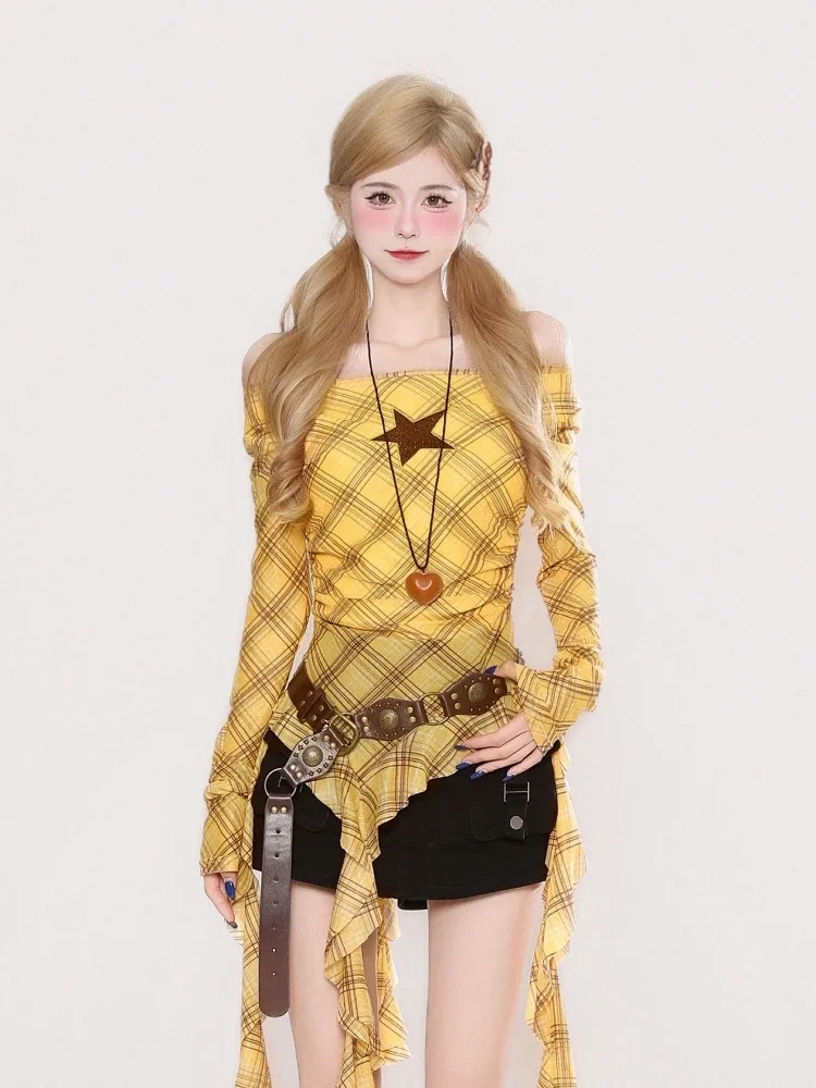 Y2K Plaid Slash Neck Vintage T - огляд і ціна Vintage Fashion For Women