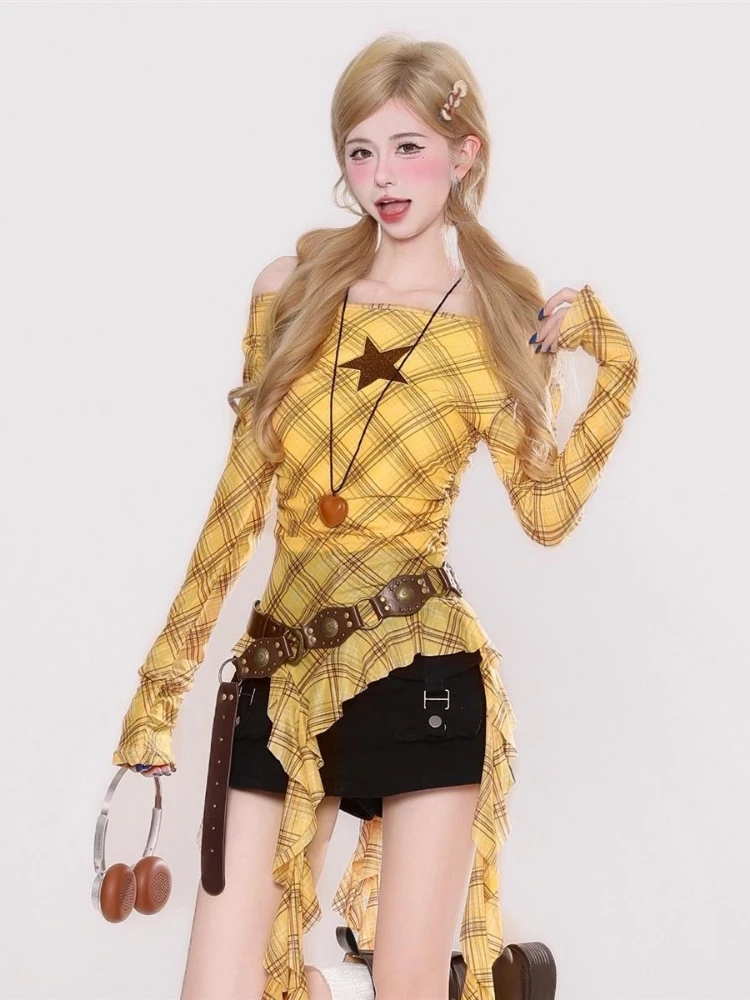 Y2K Plaid Slash Neck Vintage T - огляд і ціна Vintage Fashion For Women